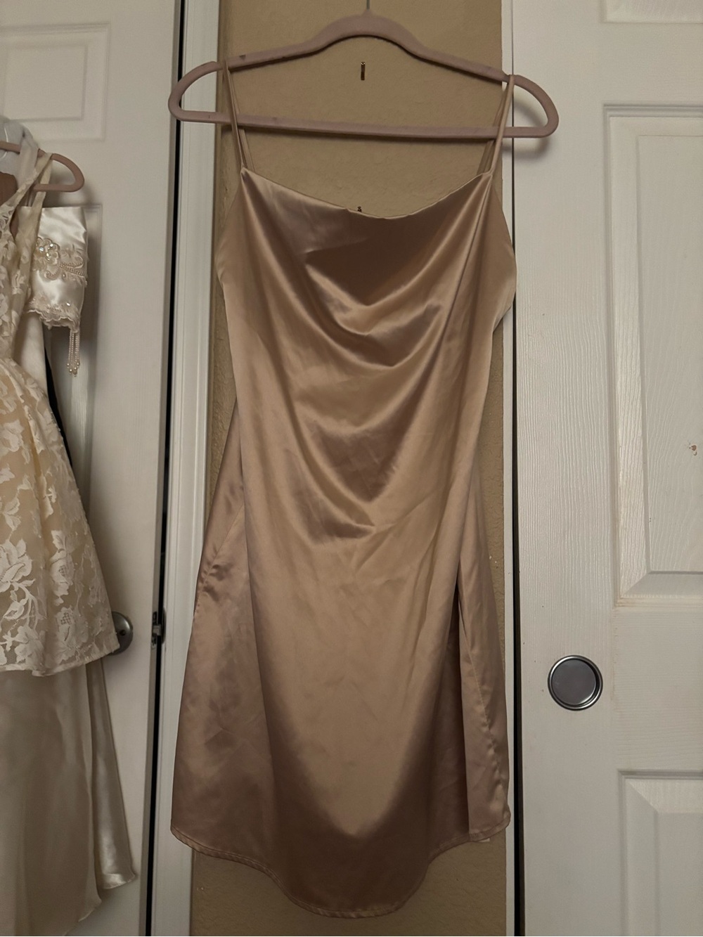 Satin Slip Dress in Champagne - Women's Elegant Cowl Neck